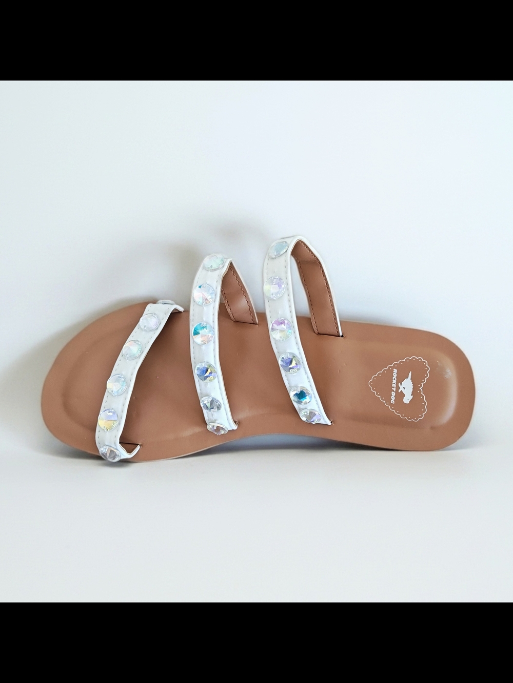 Rocket Dog White Triple-Strap Slide with Iridescent Gems